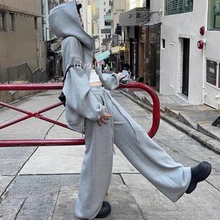 LIL CHER美式 灰色卫衣外套女秋冬宽松休闲复古慵懒风连帽拉链开衫