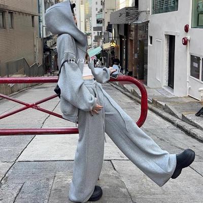 美式灰色卫衣外套女连帽拉链开衫