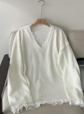 LIL CHER 白色毛衣女拼接蕾丝边宽松设计感慵懒针织衫独特上衣女