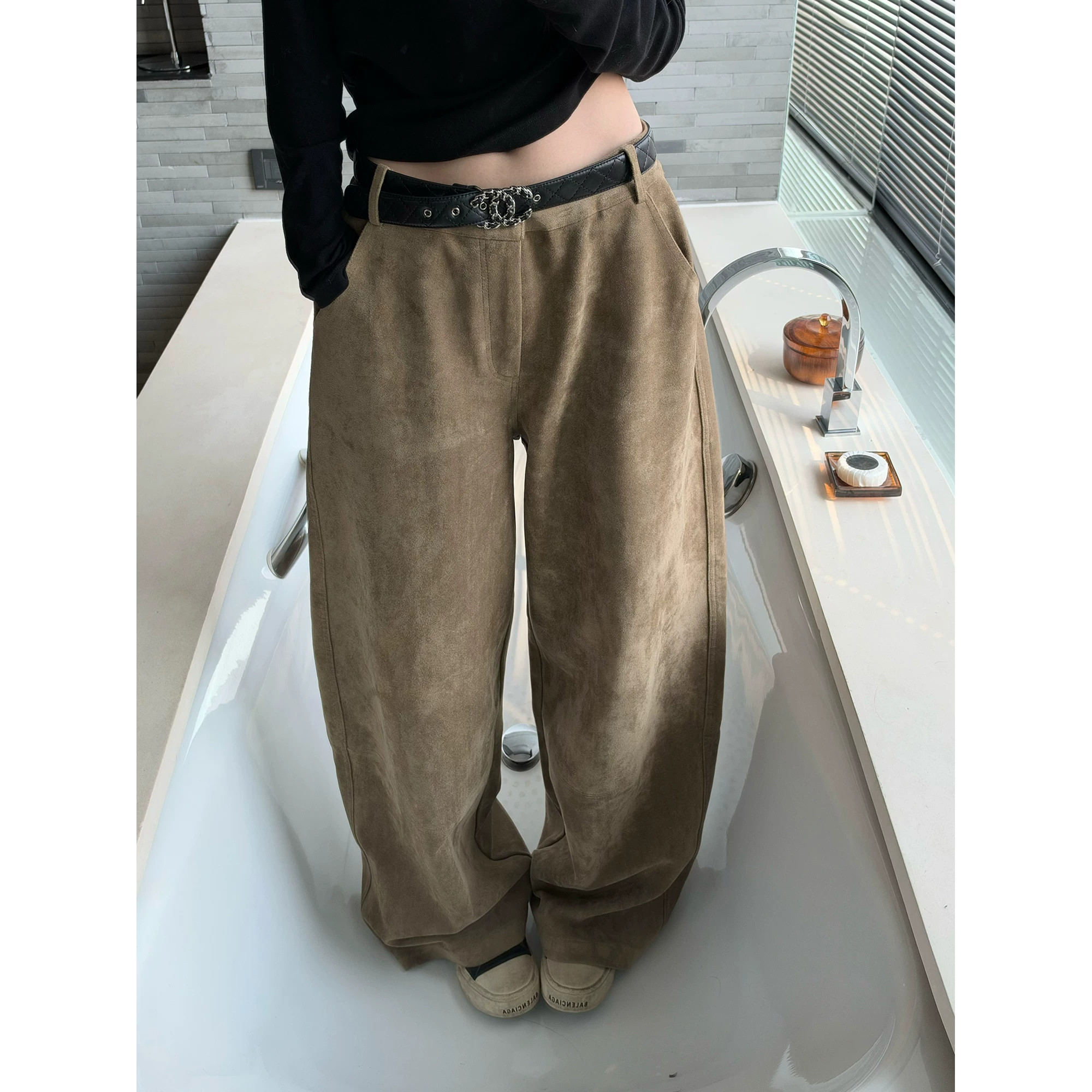 LIL CHER 黑糖可颂&中古感加厚复合麂皮绒香蕉阔腿裤休闲长裤秋冬
