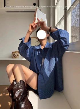 清仓【叠穿衬衣】蓝色100%棉慵懒休闲格纹廓形宽松显瘦衬衫女春秋