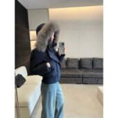 LIL 三星羽绒服保暖加厚连帽外套女 蓝狐狸毛领短款 CHER 飞行员