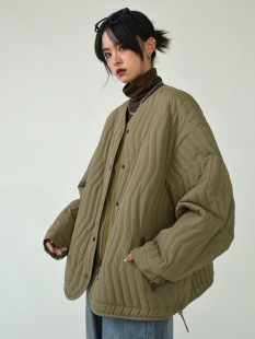 清仓 纯色轻感竖纹绗缝棉衣女宽松圆领保暖夹克外套加厚 秋冬