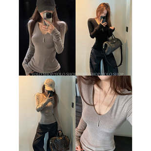 CHER 天丝羊毛气质打底T恤上衣v领长袖 秋冬日ski 万能搭 女 LIL