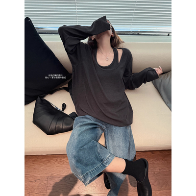 慵懒感假俩件休闲宽松长袖T恤女