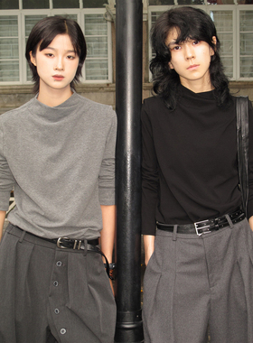 LIL CHER 散养文化交叉烟囱领正肩长袖T恤秋季中性风基础修身上衣