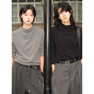 LIL CHER 散养文化交叉烟囱领正肩长袖T恤秋季中性风基础修身上衣