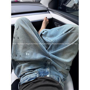 春秋 休闲设计感阔腿长裤 LIL CHER涂鸦点漆做旧水洗宽松直筒牛仔裤