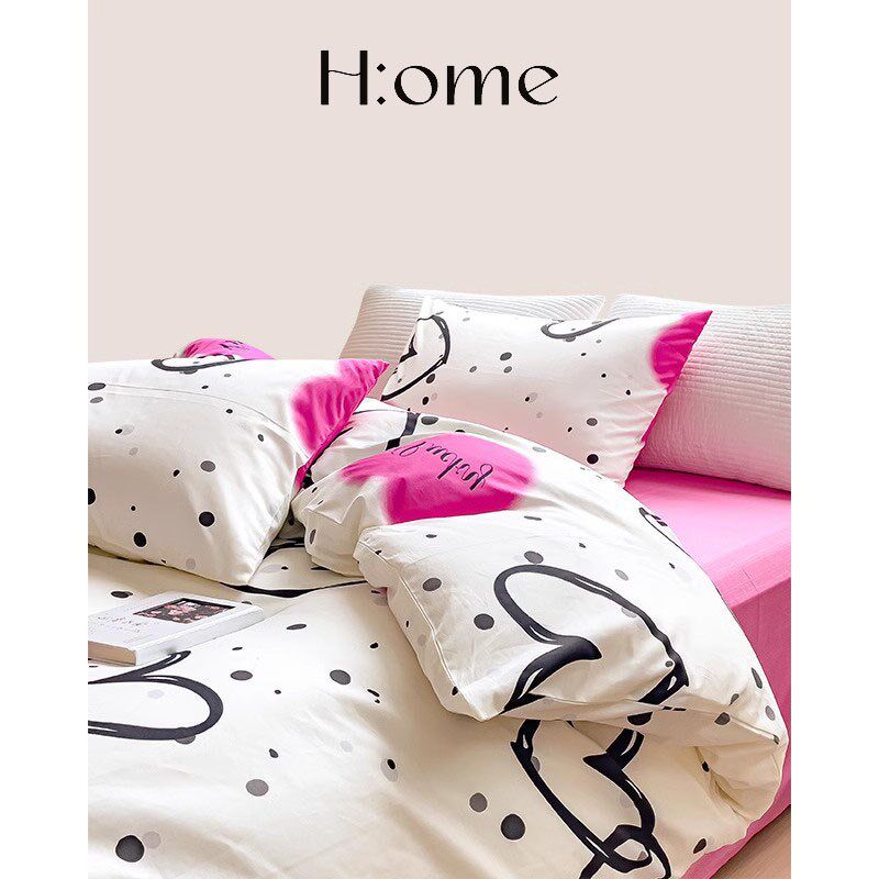 小清新纯棉印花锁边少女心粉色爱心图案女孩床上四Q件套1.8m床笠