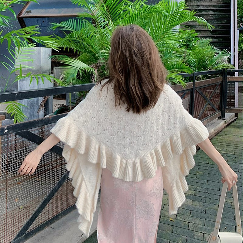 白色新中式旗袍外搭披肩斗篷复古民国风日常文艺针织三角外披春秋