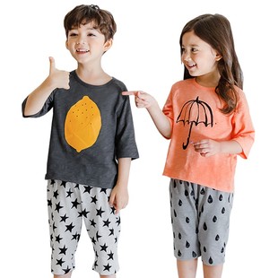 韩国男女儿童内睡衣套装家居服宝宝夏F薄款纯棉纱线休闲可外穿空
