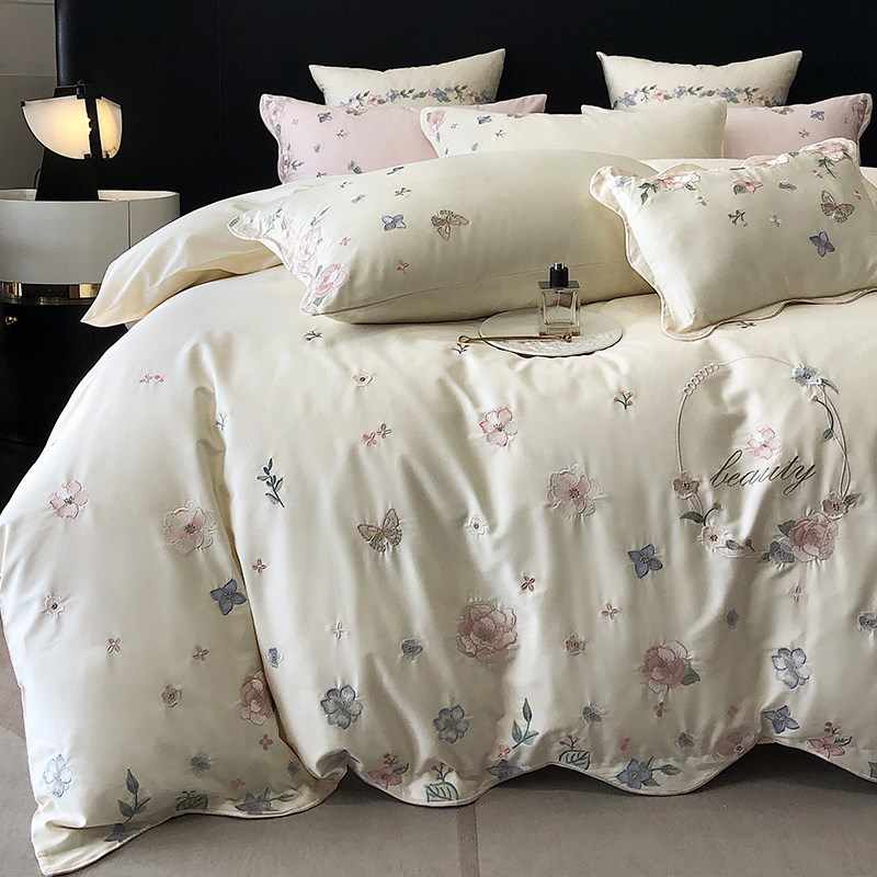 少女心100支长绒棉四件套全棉纯棉浪漫花卉刺绣被套Y法式床上用品