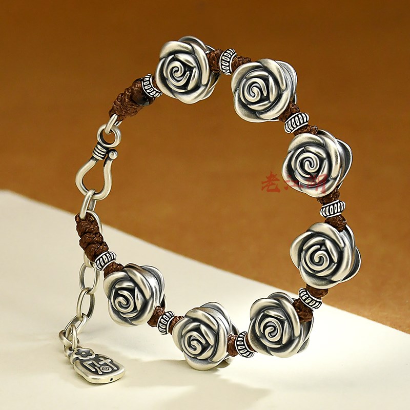 999纯银玫瑰手链女2025新款复古潮双面立体花朵手串闺蜜手饰礼物