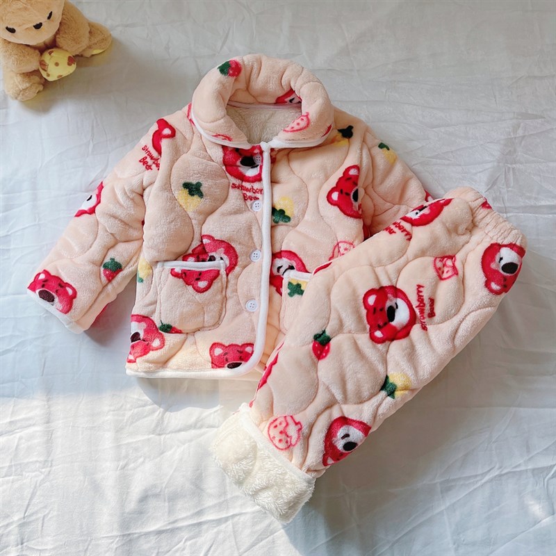 儿童睡衣男童冬季女童三层夹棉法兰绒加绒加厚款宝宝X卡通家居服