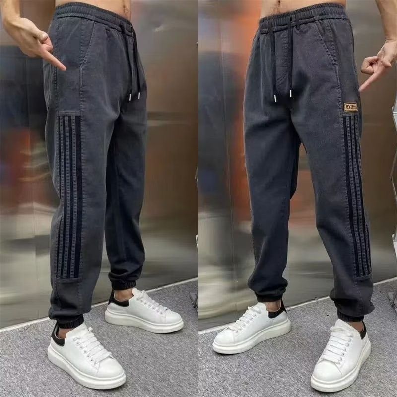 干活穿的裤子男h士宽松大码弹力牛仔工作服松紧腰哈伦束脚裤劳保