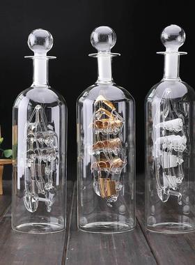 创意工艺品家居酒柜摆件婚庆礼品帆船漂流瓶微景观木底座玻璃瓶子