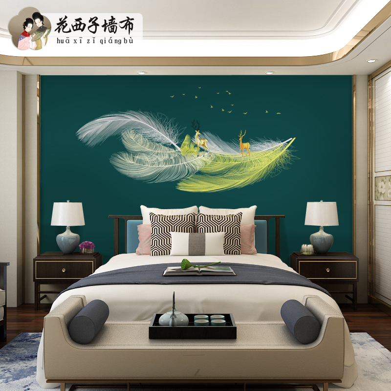 现代中式刺绣羽毛卧室床头背景墙布书房客厅沙发电视影视背景壁布
