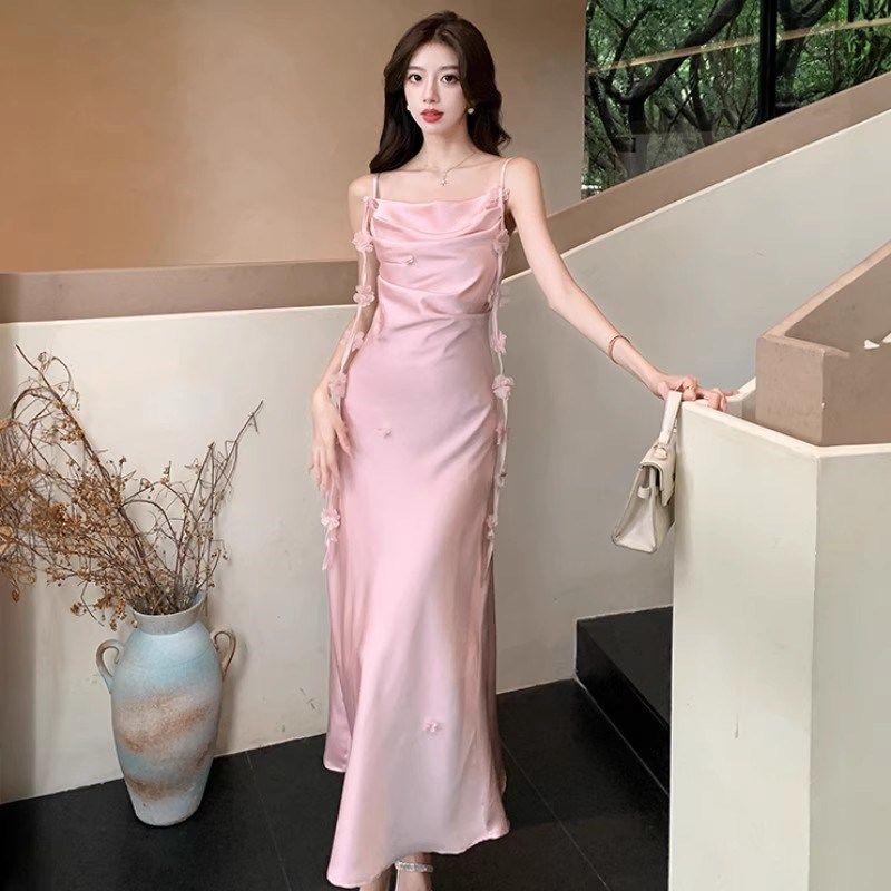 粉色醋酸连衣裙女夏收腰缎面设计感中长款法式无袖鱼尾包臀吊带裙,女装/女士精品,连衣裙,淘宝优惠券,粉丝福利购,淘宝优惠卷