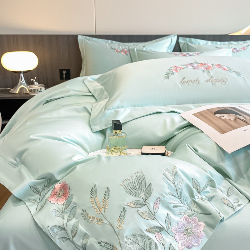 高档花卉200支全棉刺绣四件套A类长绒棉被套纯棉床V笠轻奢床上用