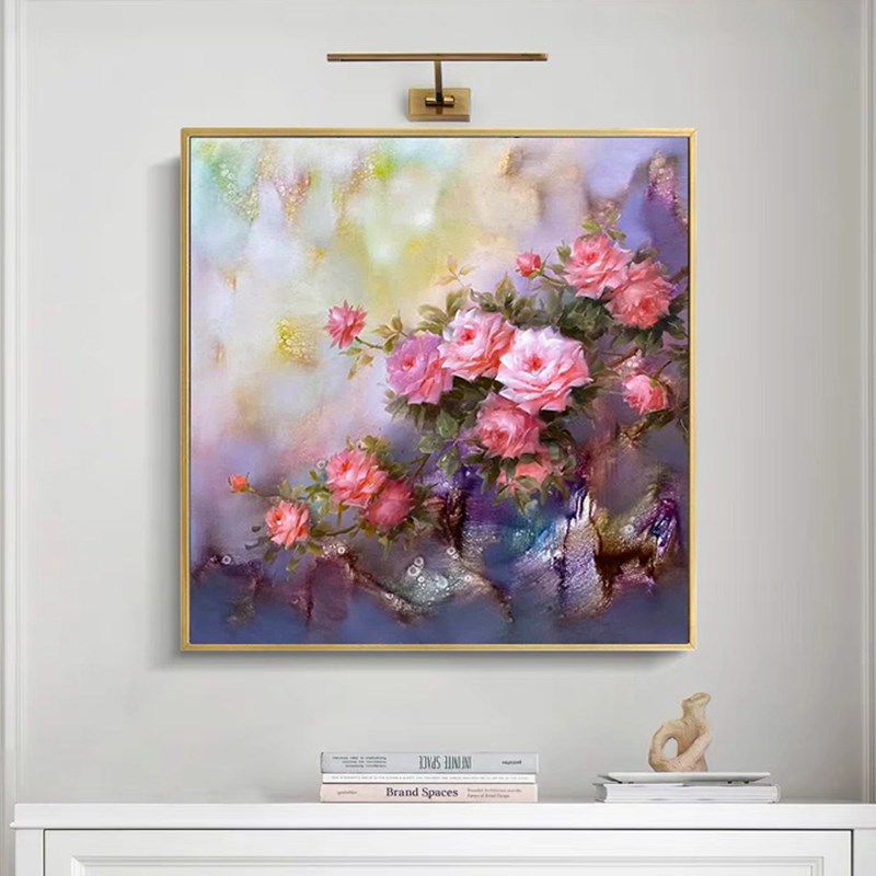 新中式牡丹花玄关装饰画手绘油画正方H形客厅花开富贵肌理挂画花图片