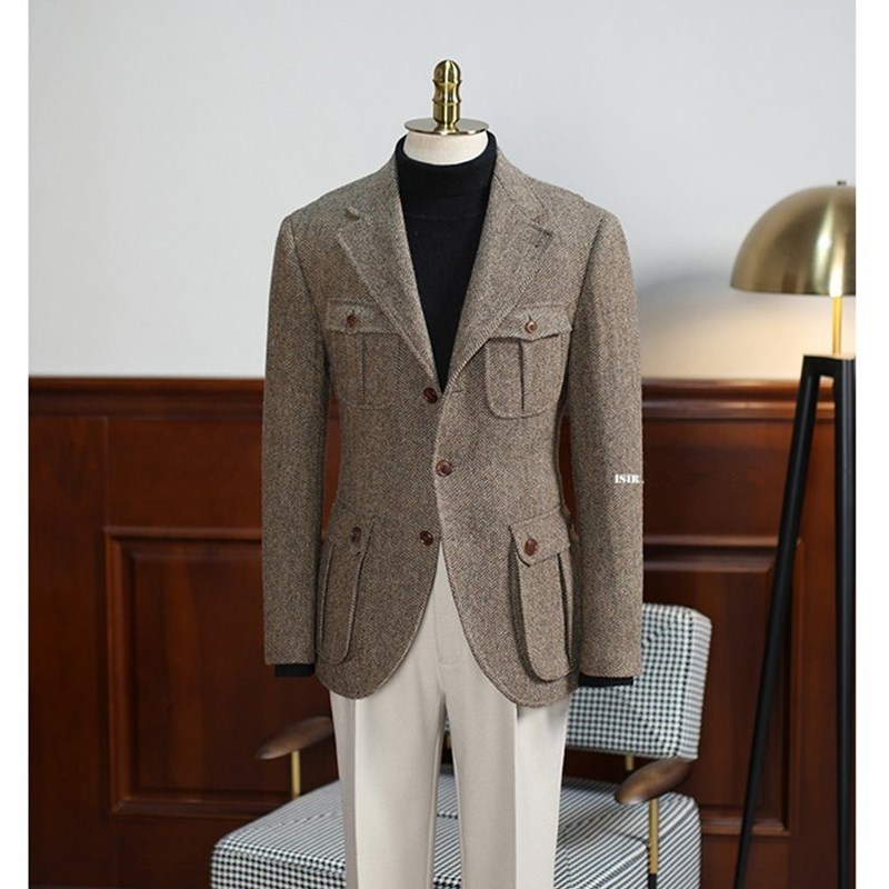 复古商务猎装粗花呢休闲工作服大尺码羊毛呢休闲多口袋男X修身西