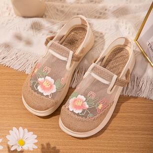 夏季网纱亚麻鞋女外穿国风绣花凉鞋配汉服古装学生表演浅口单鞋