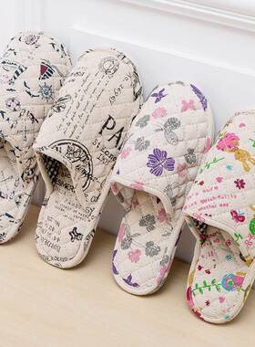 情侣木地板拖鞋家居家用室亚内麻布QWN艺男布底拖鞋包头棉女拖鞋