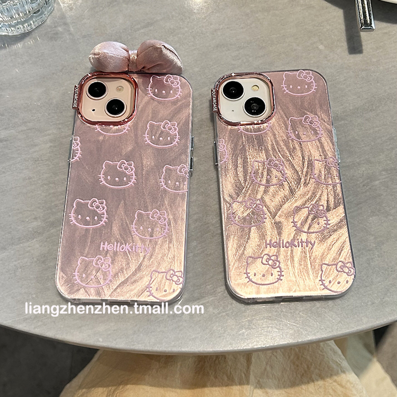 粉色羽纱HelloKitty蝴蝶结适用苹果15promax手机壳iphone14女款15pro新款13可爱高级女生12软边硬壳pro防摔11