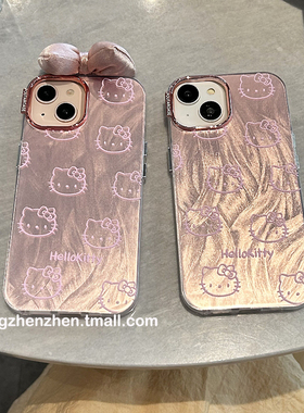 粉色羽纱HelloKitty蝴蝶结适用苹果16promax手机壳iphone14女款15pro新款13可爱高级女生12软边硬壳pro防摔11