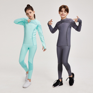 男女童圆领抓绒长袖冬季保暖打底套装训练服快干足球羽毛球健身衣