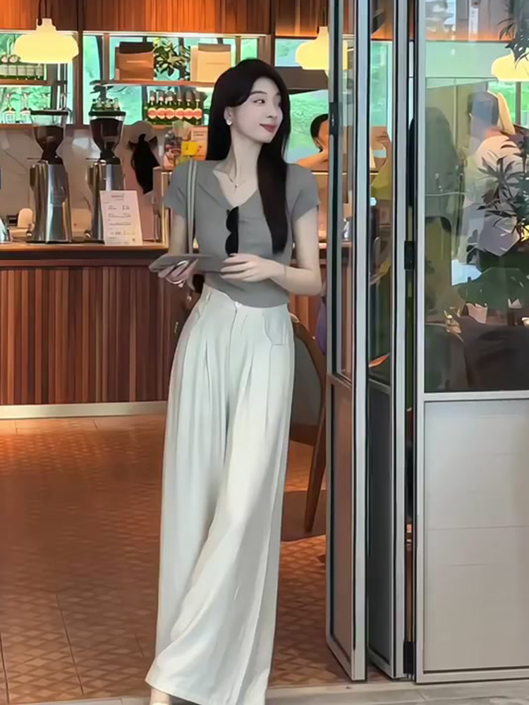 冰丝西装阔腿裤女夏季薄款2024新款小个子休闲拖地防晒裤白色裤子