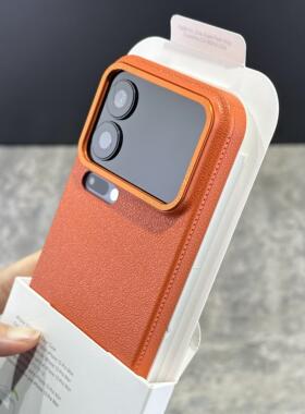 韩系ins小众橙色荔枝纹理PC适用小米17promax手机壳15金属镜框14ultra全包防摔13高级感新款防指纹磨砂简约硬