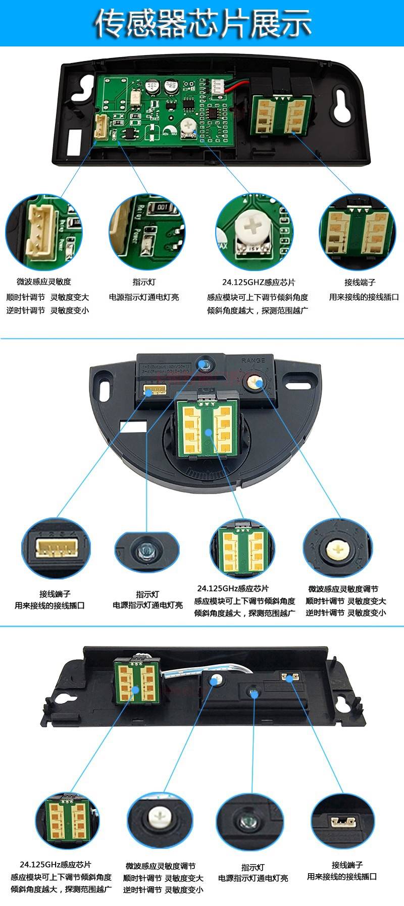 通用自动门感应器探头半圆形平移电动玻璃门平开门24g微波传感器