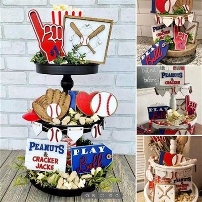 7Pcs Wooden Baseball Tiered Tray Set Home Party Decorative