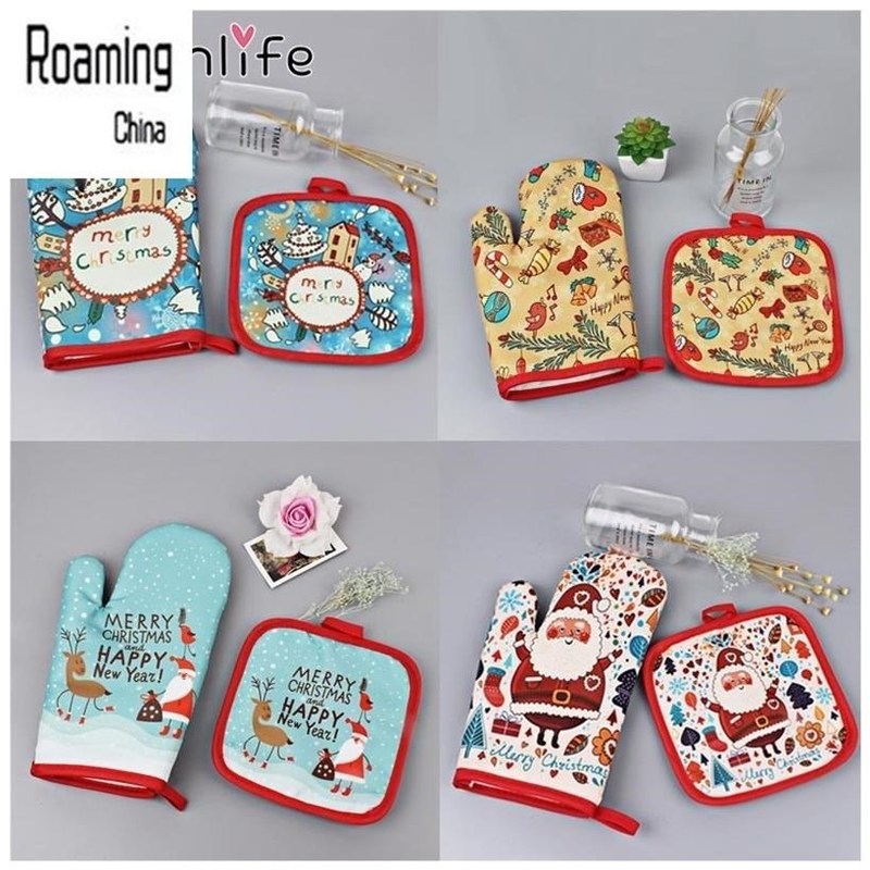2pcs/set Christmas Baking Anti-Hot Gloves Pad Oven Dining BB