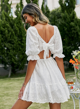 Simplee Lace up hollow out knot summer white dress women Hol
