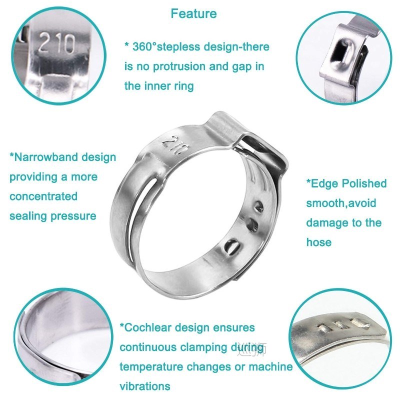 125Pcs 304 Stainless Steel Single Ear Stepless Hose Clamps C