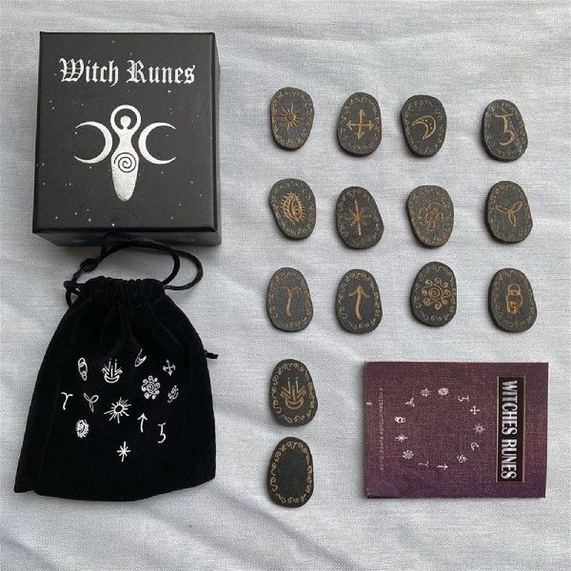 Black Wooden Witches Runes Stone Set Healing Meditation