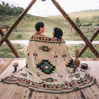 Ethnic Bohemian Picnic Blanket with Tassel Throw Sofa