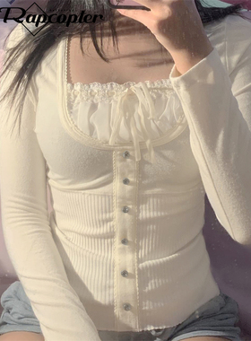 Rapcopter Y2K Sweet Cute Crop Top Lace Frill Bow Pullovers V