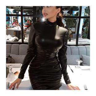 Mini Dress Ruched Dulzura Long Leather Turtleneck Sleeve