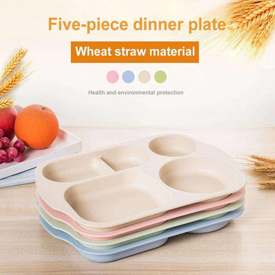 5PcsSet Baby Plate Wheat Straw Tray Children Kids Fruits