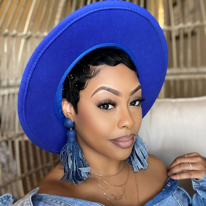 Fashion Blue Wide Brim Fedora Hat For Women Solid Color Wool