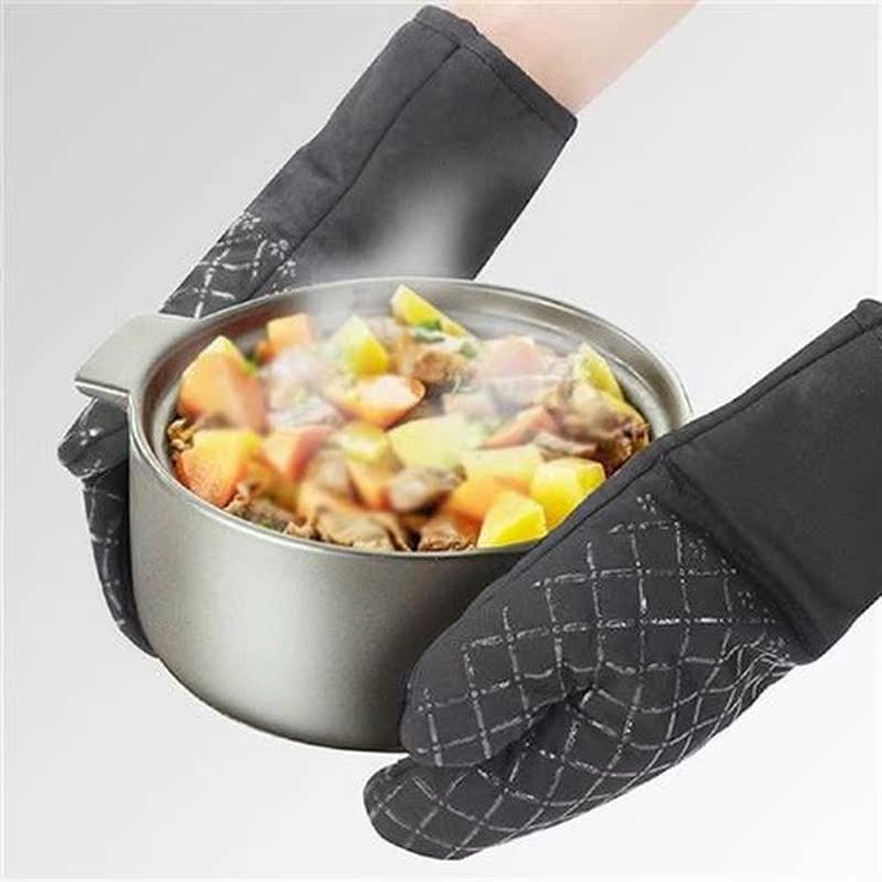 1Pair Grilling Glove Plaid Cotton Barbecue Gloves with Heat