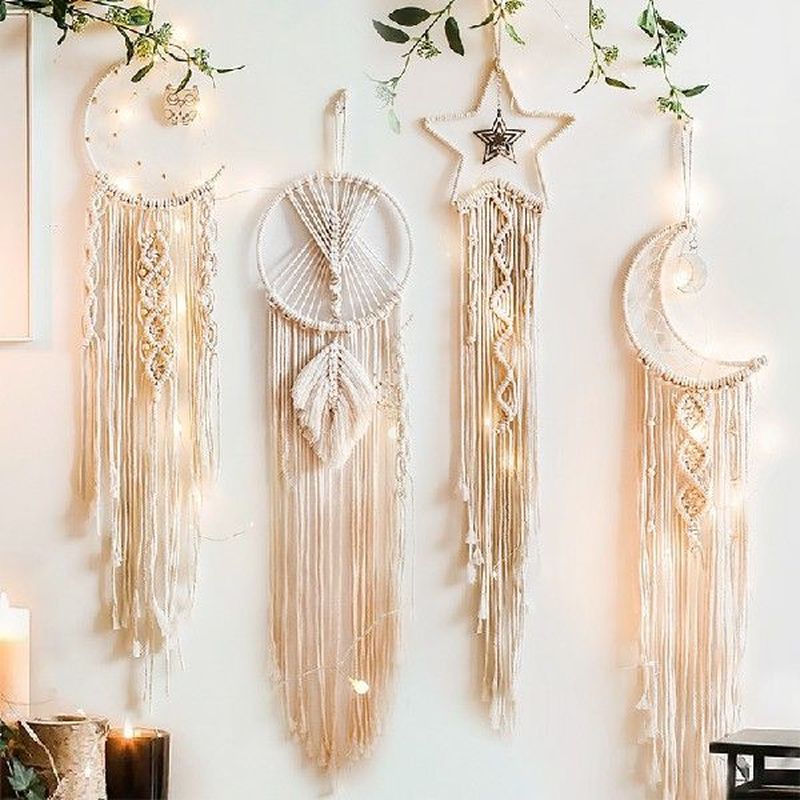 Moon And Star Macrame Tapestry Wall Boho Decor Leaf Macrame