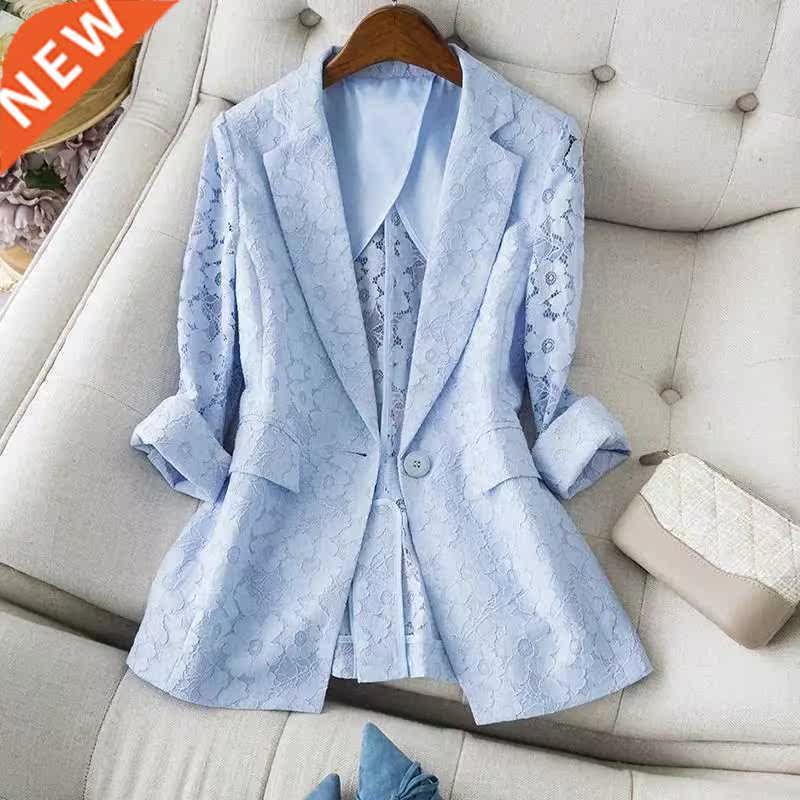 V-neck Blue Women Blazer 2022 New Elegant Lace Hollow Out Th