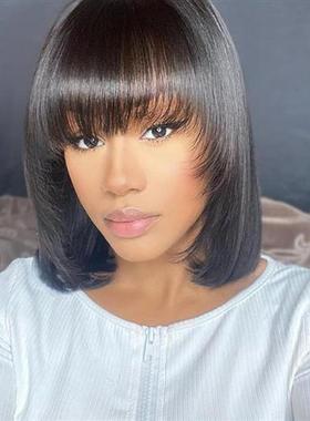 Straight Bob Human Hair Wigs With Bang Full Machine Made Glu