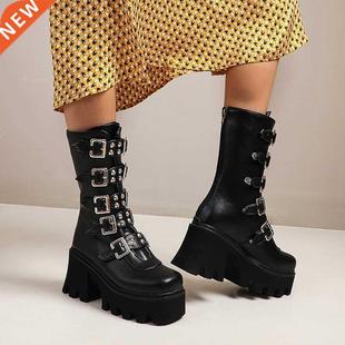 Winter Gothic Punk Womens Platform Boots Black Buckle Strap