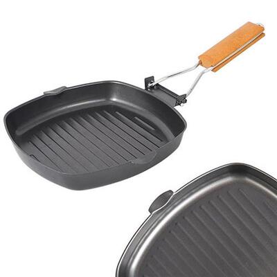 Grill Pan Foldable Portable Iron Rustproof Wooden Handle Fry
