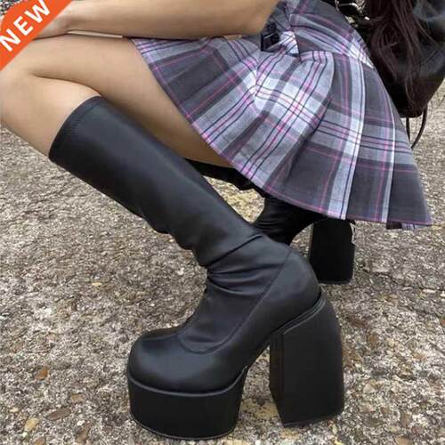 Termainoov Women Boots High Heels Chunky Platform Black Big